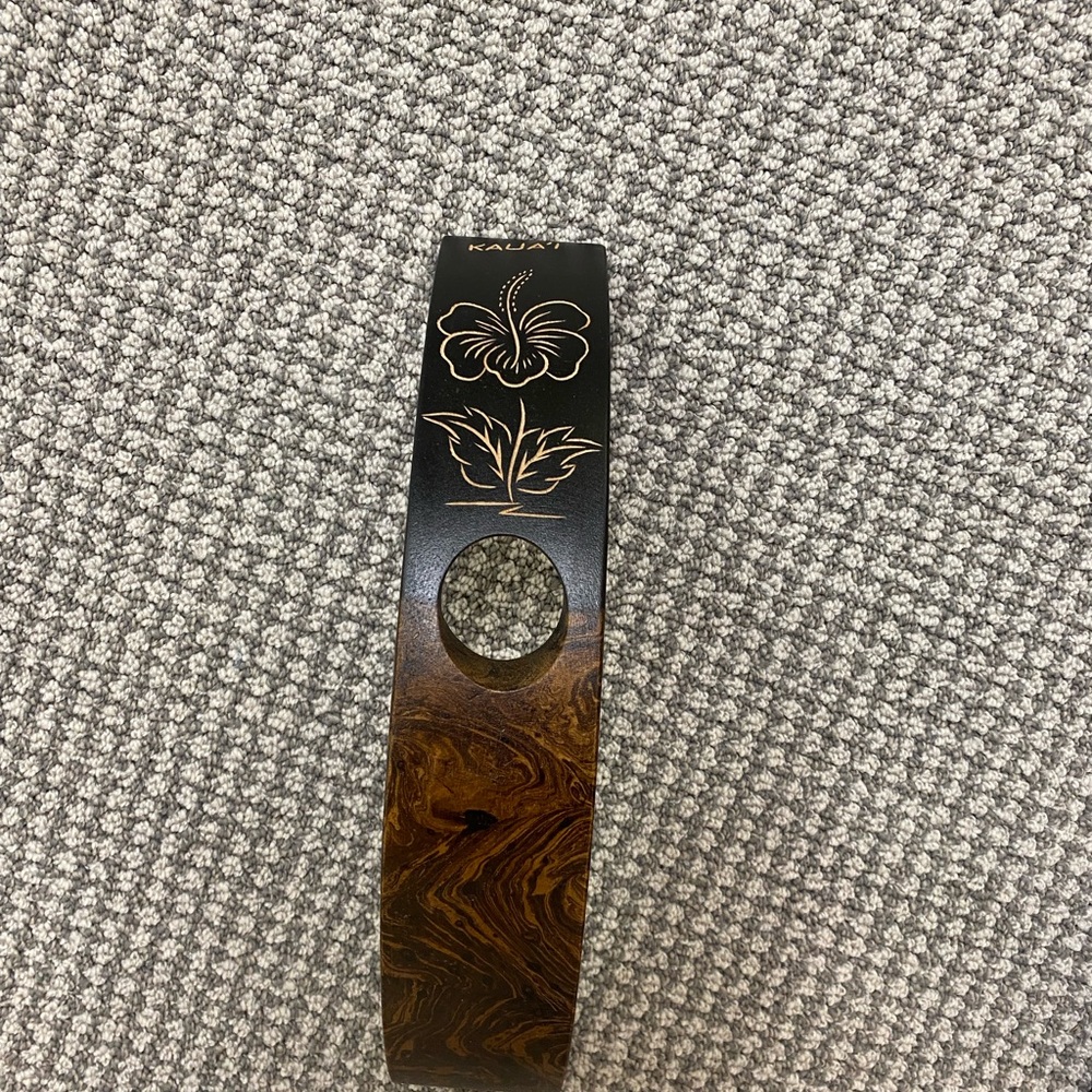 Carved Wooden Wine Bottle Holder with Floral Inlay from Hawaii